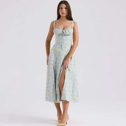 Backless Floral Halter Midi Dress